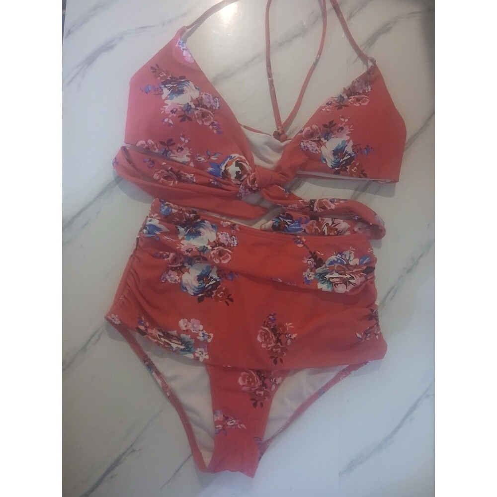 Cocoship Women’s High Waisted Pink Floral Bikini 2 Piece Swimsuit Size 4